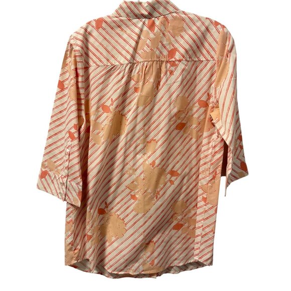 Roamans Sz 14W Button-Down Shirt 3/4 Sleeve Floral/Stripe Pattern Peach & White - Picture 12 of 12
